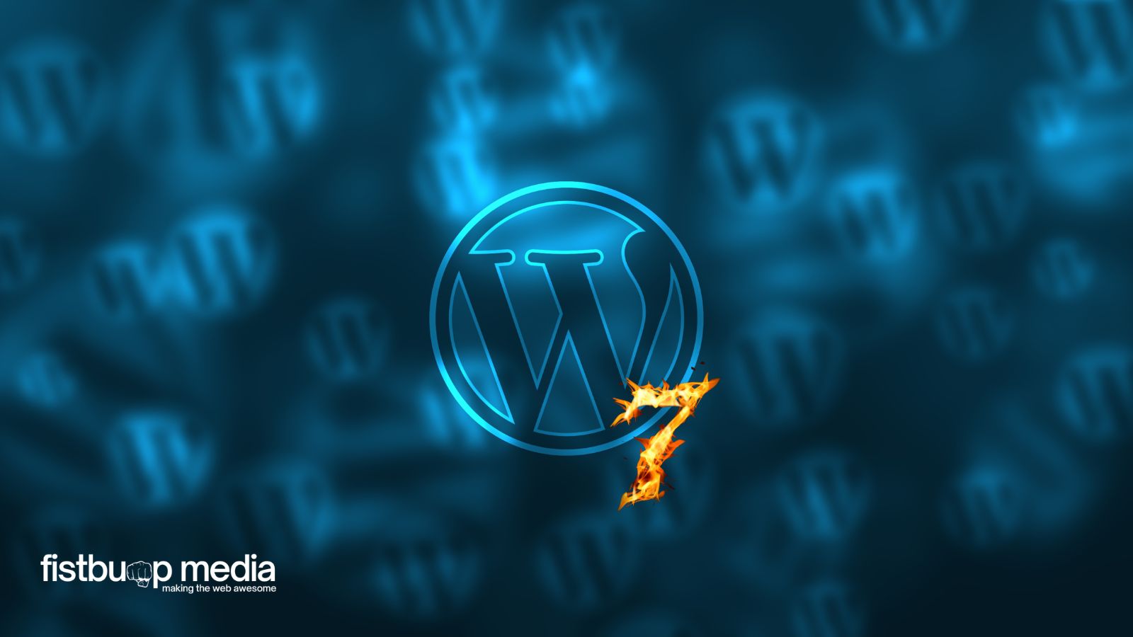WordPress logo with a flaming number 7, created by Fistbump Media